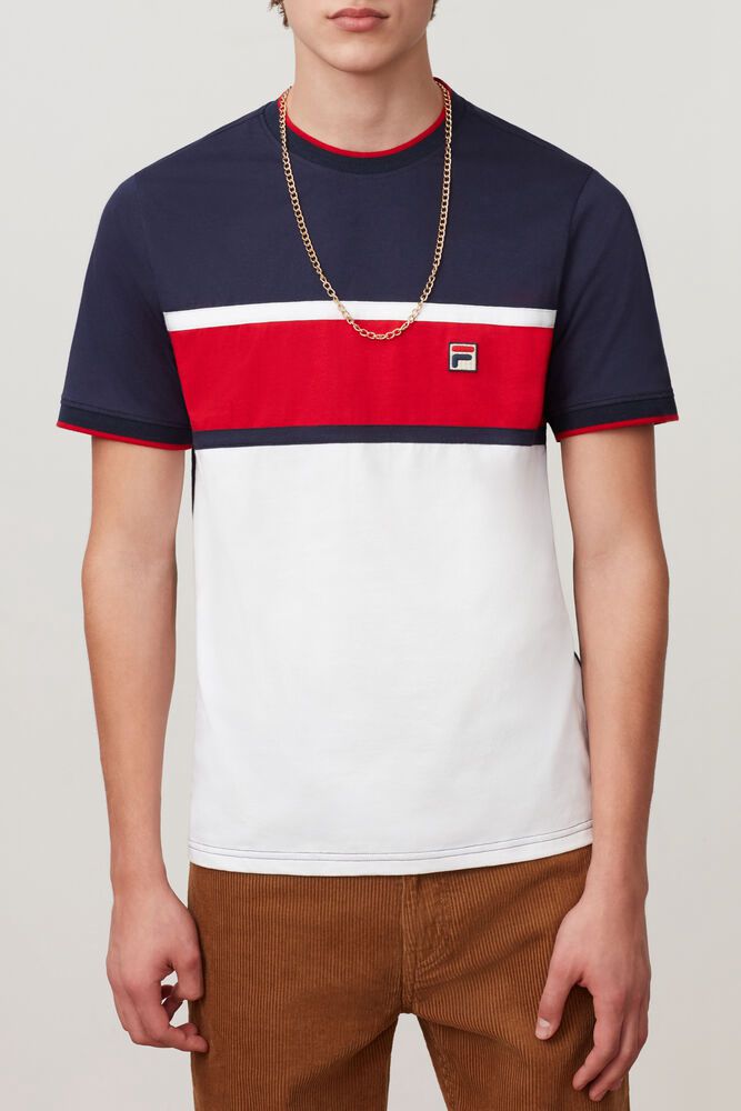 Fila T-Shirt Mens White/Navy Conte - Ireland 73486-IQFM